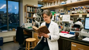 scientist reading a book